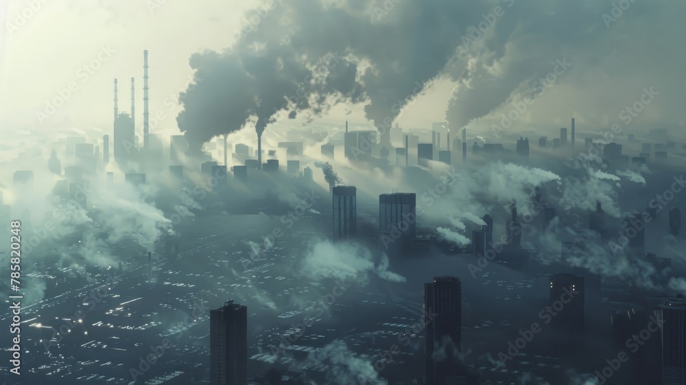 Smokestacks polluting over a cityscape - A haunting image of industrial smokestacks emitting pollution above an urban cityscape, highlighting environmental concerns