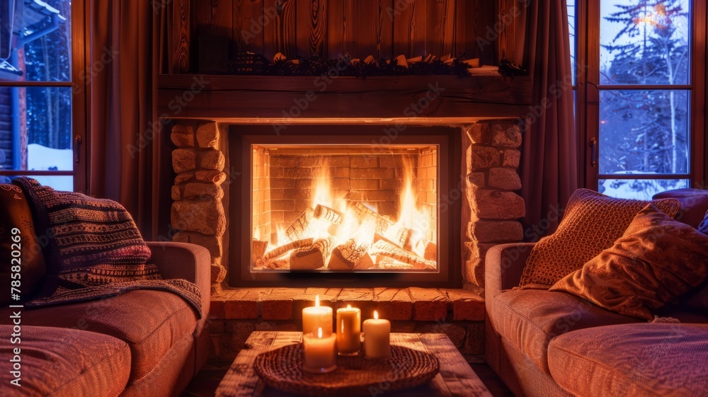 Warm fireplace in a cabin during winter - A homely cabin interior featuring a stone fireplace with burning logs, surrounded by comfortable seating in a winter setting Warm fireplace in a cabin during winter - A homely cabin interior featuring a stone fireplace with burning logs, surrounded by comfortable seating in a winter setting