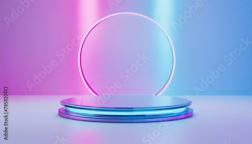 providing the perfect platform  An empty glass podium bathed in neon lights of pink and blue hues