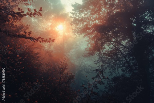 Misty sunrise through dense forest trees - A serene landscape depicting the sun s rays piercing through the mist and trees  invoking a sense of calmness and wonder