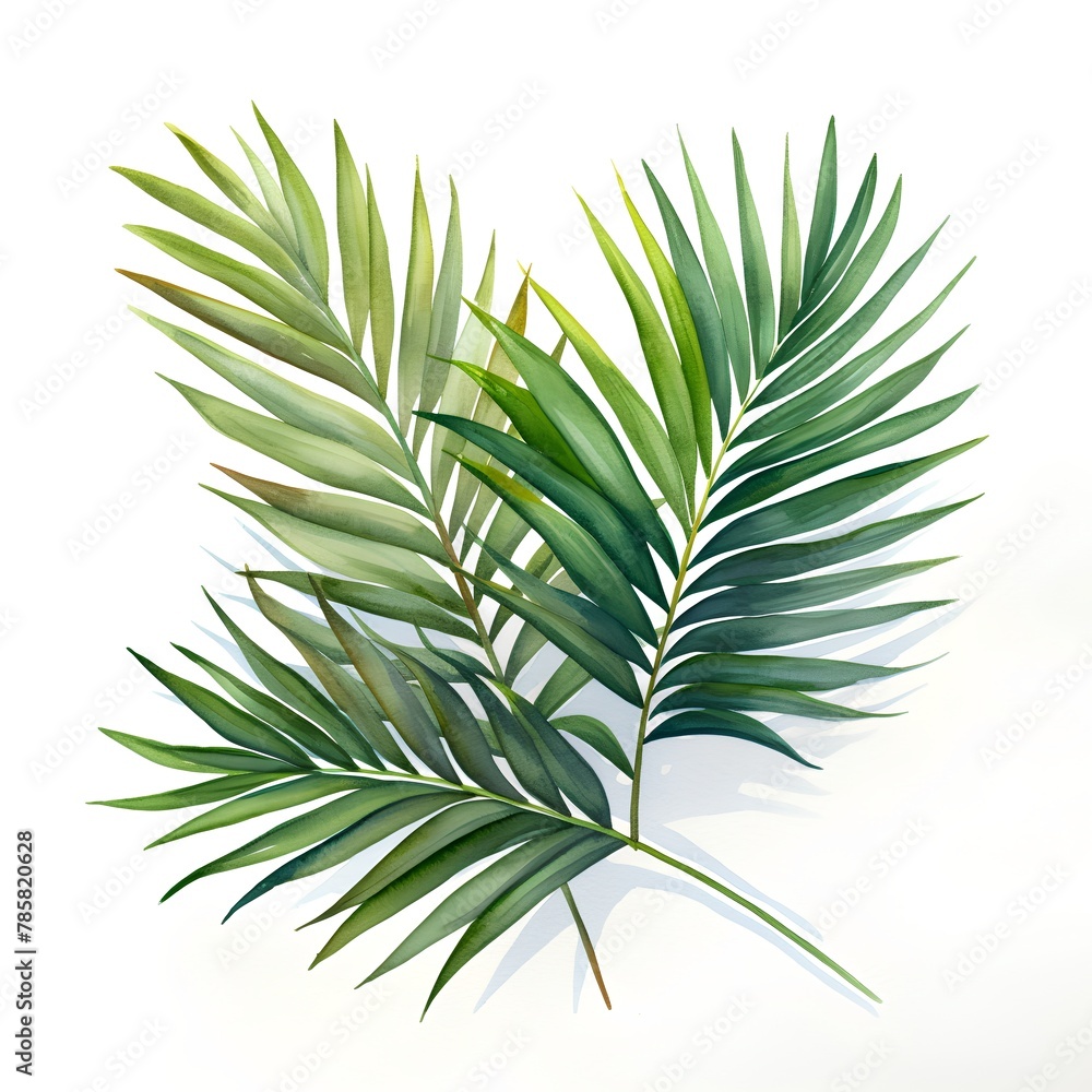 Green leaves of palm tree isolated on white background. Watercolor illustration Green leaves of palm tree isolated on white background. Watercolor illustration