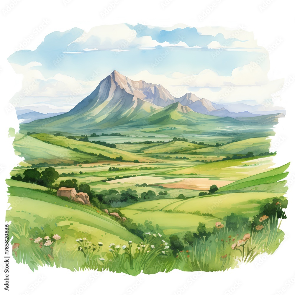Obraz premium Landscape with mountains and meadow. Hand drawn vector illustration.