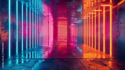 Reflective corridor with bright neon columns - A visually striking image of a corridor with reflective floor and ceiling, lined with brightly lit neon color columns