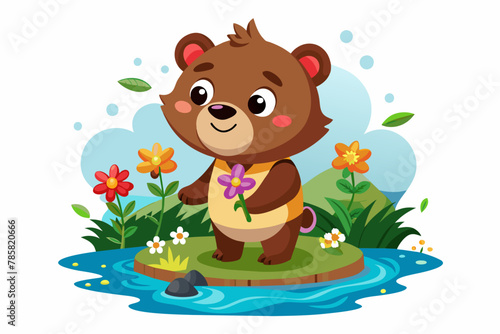A charming grizzly bear cartoon smiles sweetly while holding a bouquet of colorful flowers.