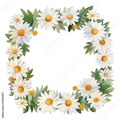 Watercolor floral frame with daisies and leaves isolated on white background © hungryai