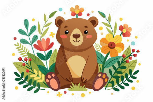 Charming grizzly bear cartoon character adorned with flowers.