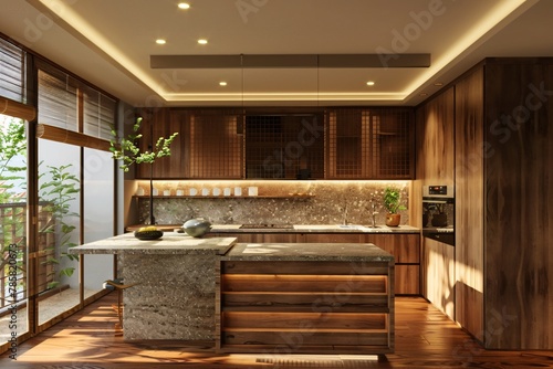 minimalits kitchen with wood cabinets, Modern scandinavian kitchen design , 3d rendering. ai generative © AriyaniAI