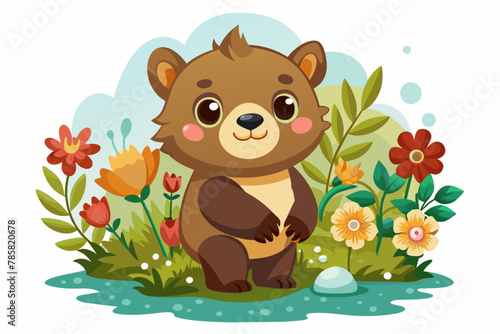 Charming cartoon grizzly bear adorns itself with a bouquet of vibrant flowers.
