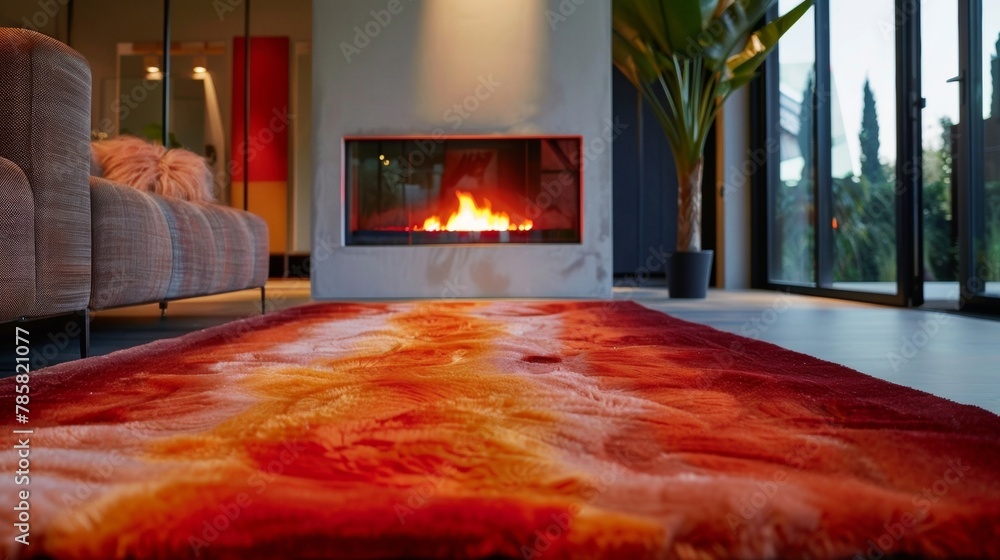 Obraz premium A large plush rug in shades of red and orange is p in front of the fireplace adding a luxurious touch to the space. It feels soft underfoot reminiscent of the sand dunes outside. .