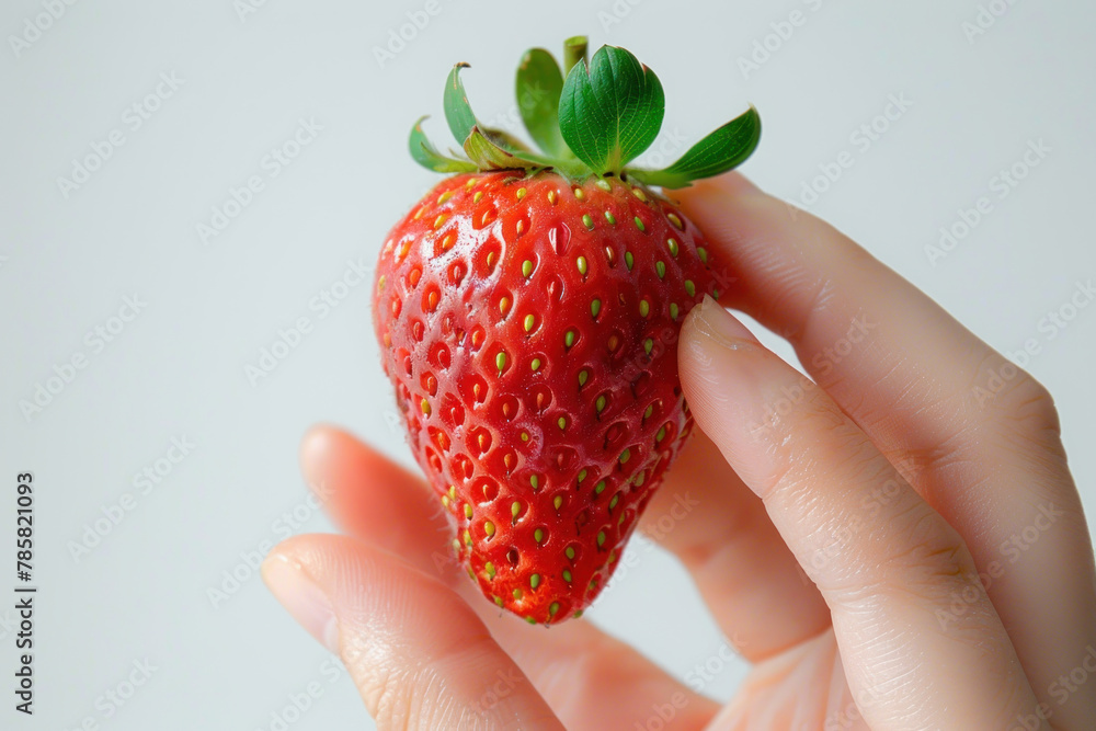Obraz premium Hand holding strawberry isolated on gray background, healthy fruit food