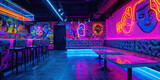Neon Nights Disco Den: A Den with Neon Lighting and 80s Disco-inspired Decor, Emanating Retro Dance Club Vibes
