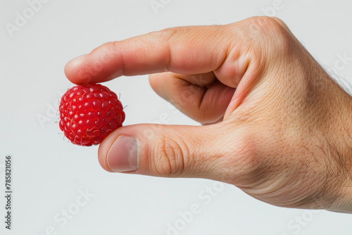 Hand holding raspberry isolated on gray background, healthy fruit food