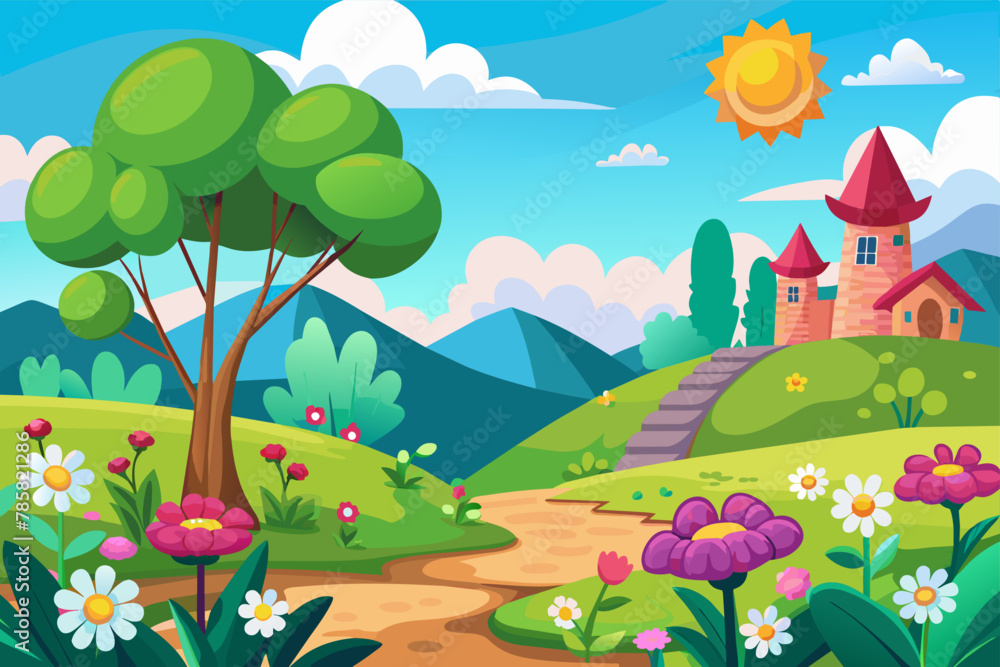 Charming landscape cartoon with blooming flowers in the background.