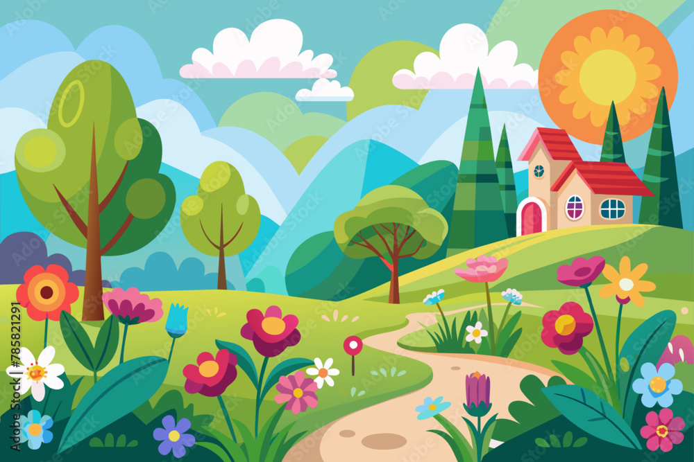 Charming landscape cartoon with blooming flowers in the background.