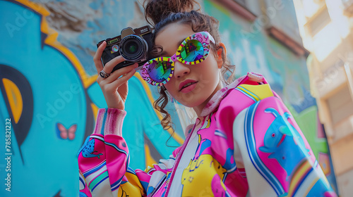 girl in a colorful tracksuit and butterfly sunglasses, taking a selfie with a vintage camera in a 90s inspired setting