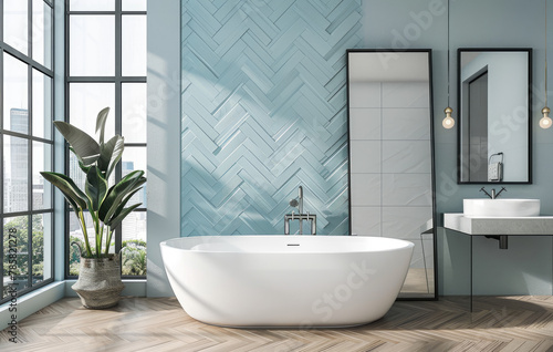 3d rendering of modern bathroom with blue herringbone tiles and black metal frame glass door to the white wooden floor  many plants