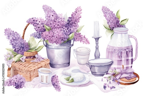 Watercolor set of tableware and lavender flowers. Illustration
