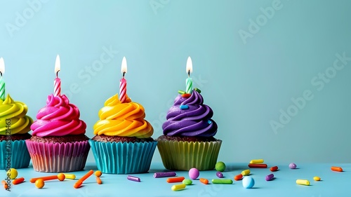 Colorful and fun cupcakes with vibrant birthday candles