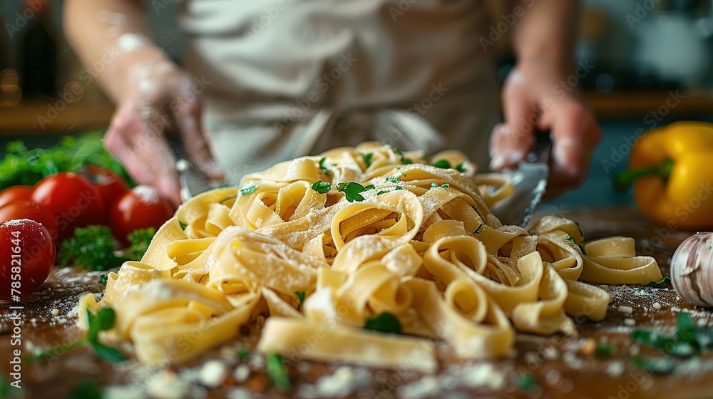 Woman preparing pasta on kitchen table, close up view Woman preparing pasta on kitchen table, close up view