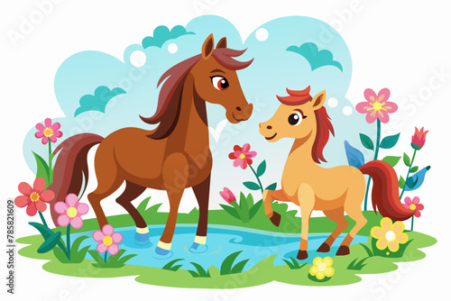 Charming cartoon horse adorned with flowers in a whimsical scene.