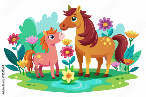Charming cartoon horses adorned with vibrant flowers frolic in a whimsical meadow.