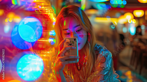 A girl with a translucent phone and futuristic accessories, sitting in a holographic cafe with dynamic light displays.
