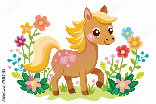 A cute and charming cartoon horse adorned with flowers.