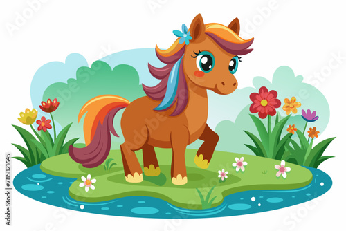Charming cartoon horse adorned with vibrant flowers exudes cuteness.