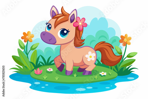 Charming cartoon horses frolic amidst a field of vibrant flowers.