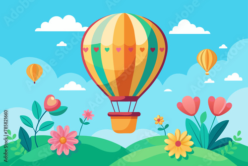 A charming hot air balloon gracefully floats through a vibrant sky adorned with whimsical flowers.