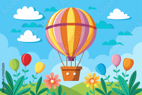 A charming hot air balloon gracefully floats through a vibrant sky adorned with whimsical flowers.