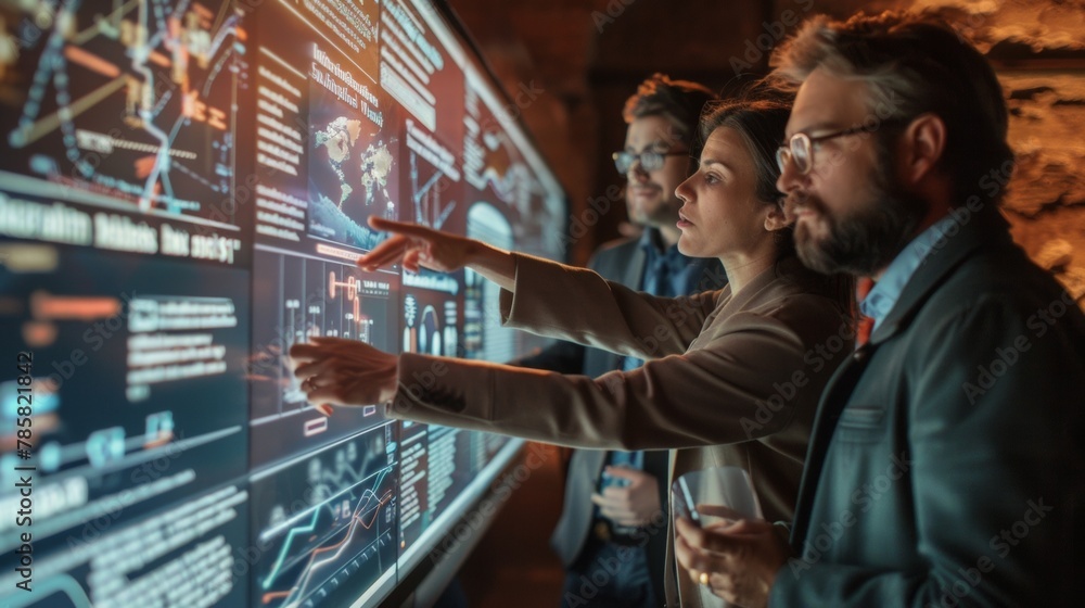 A group of historians gather around a large touch screen display intently studying a detailed timeline of technological developments throughout history as they search for connections .