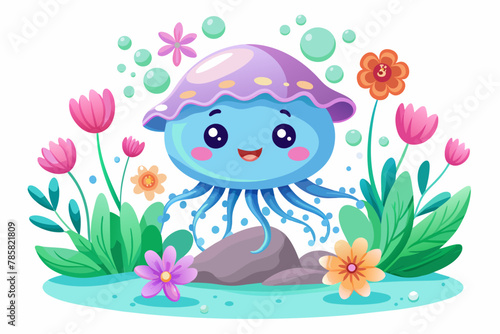 Charming cartoon jellyfish adorned with colorful flowers swims gracefully through the water.