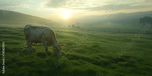 Pastoral Beauty Cow Grazing in Lush Green Field