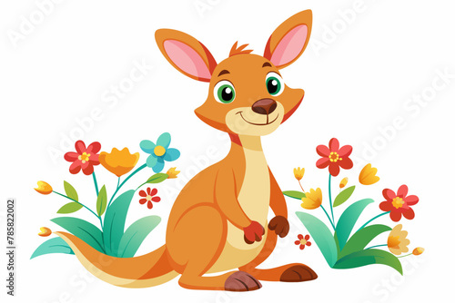 A charming cartoon kangaroo exudes happiness with colorful flowers adorning its body.