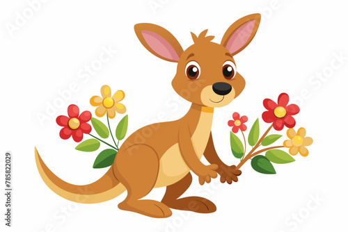 Charming kangaroo cartoon with colorful flowers in its pouch.