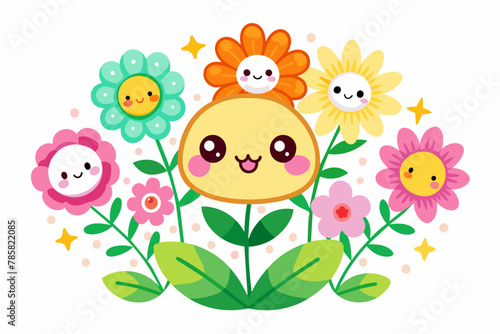 Charming kawaii character with flowers adorning a white background.