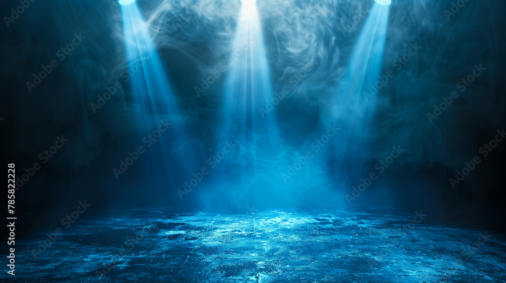 A blue room with blue lights and smoke. The lights are shining on the floor and the smoke is floating in the air