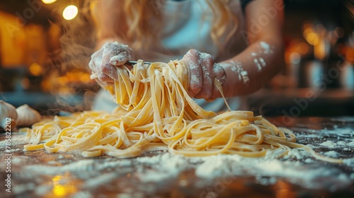 Woman preparing pasta on kitchen table  close up view