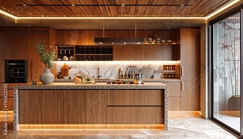 Fototapeta Naklejka Na Ścianę i Meble -  minimalits kitchen with wood cabinets, Modern scandinavian kitchen design , 3d rendering. ai generative