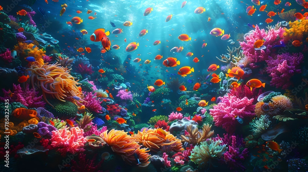 vibrant coral reef teeming with colorful fish, anemones and sea turtles in full color with bright, vivid colors. The image is highly detailed and ultra realistic in the style of a coral reef scene