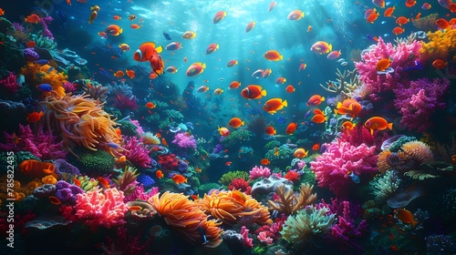 vibrant coral reef teeming with colorful fish, anemones and sea turtles in full color with bright, vivid colors. The image is highly detailed and ultra realistic in the style of a coral reef scene © Rijaliansyah