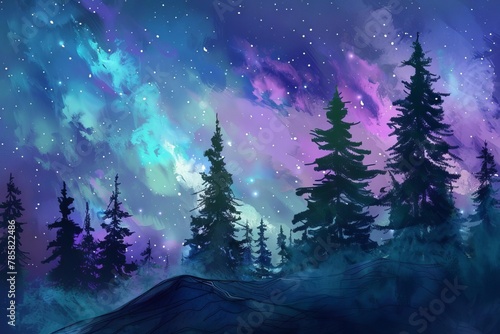 enchanting pine trees under northern lights christmasinspired digital painting