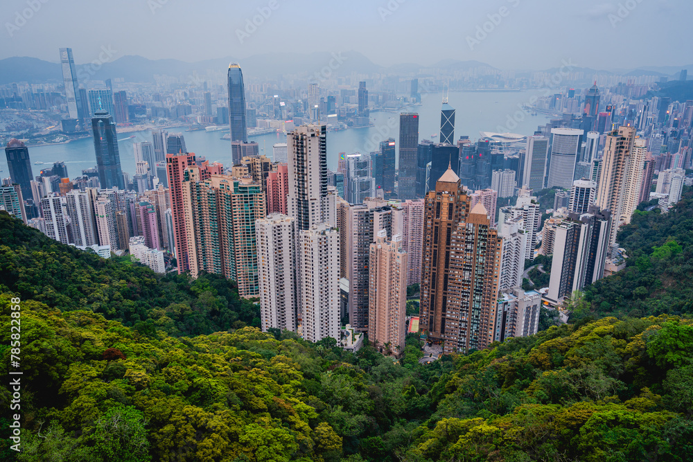 Dazzling Urban Skyline of Hong Kong Overlook From Lush Forest Victoria's Peak viewpoint at blue hour