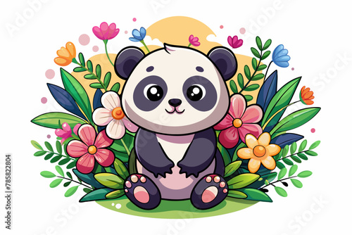 Charming panda cartoon holding flowers in its paws.