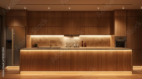 Fototapeta Naklejka Na Ścianę i Meble -  minimalits kitchen with wood cabinets, Modern scandinavian kitchen design , 3d rendering. ai generative