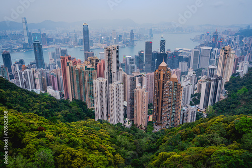 Dazzling Urban Skyline of Hong Kong Overlook From Lush Forest Victoria's Peak viewpoint at blue hour