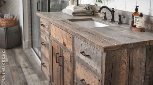A rustic industrial bathroom is elevated with the use of stonelook LVT flooring. The distressed weathered look of the LVT pairs perfectly with the reclaimed wood vanity and metal fixtures . photo