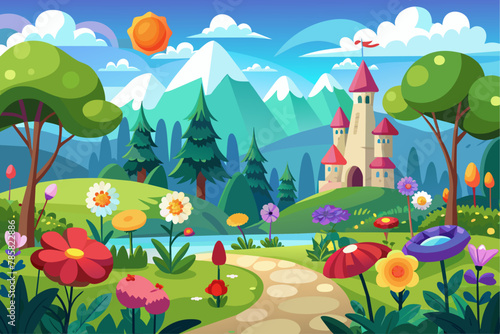 A charming cartoon landscape with vibrant flowers blooming in the background.