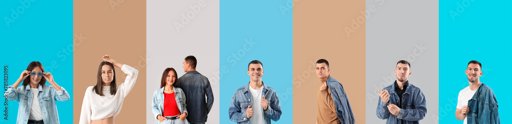 Collage of stylish young people in denim clothes on color background Collage of stylish young people in denim clothes on color background